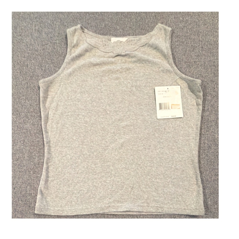 Liz Claiborne Knit Sleeveless Tank Top Gray Embroidered Eyelet Round Neck S